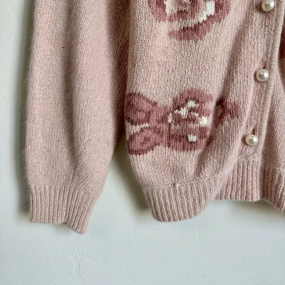 Andrea Gayle Vintage Sm Silk Wool Blend Pink Coquette Pearl Button Up Cardigan